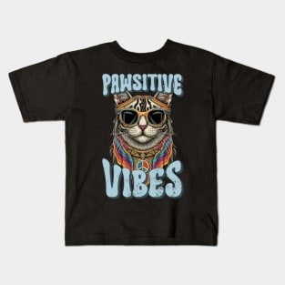 Pawsitive Vibes, Retro Groovy Style Hippie Cat Lover Design Kids T-Shirt